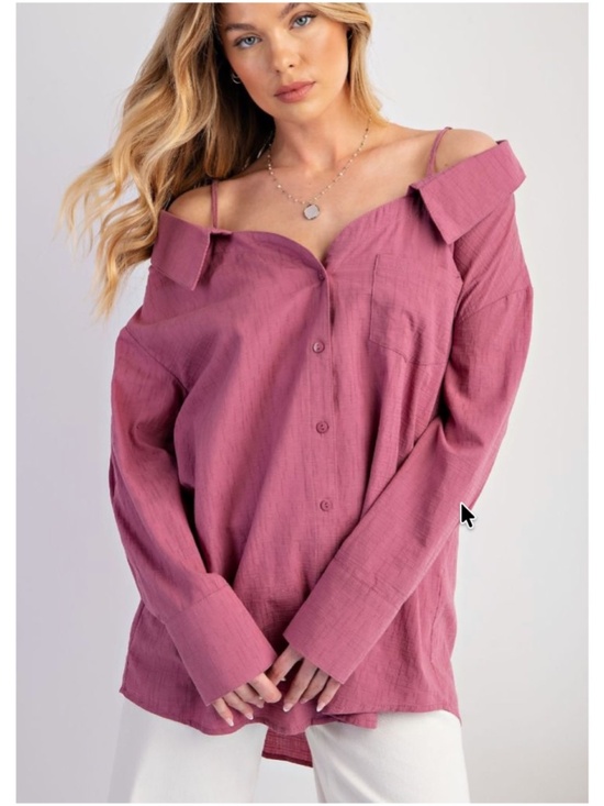 Easel Los Angeles Tops - Easel Magenta Cold Shoulder Button Down Boyfriend Shirt